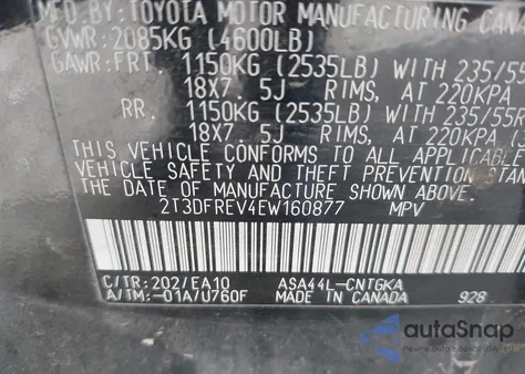 2014 Toyota Rav4 Limited z USA, uszkodzony, nr VIN 2T3DFREV4EW160877